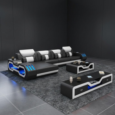 Skóra Modern Couch Żywy krajobraz Skórzana sofa Zestaw sofowy Sofa w kształcie litery L, stolik kawowy