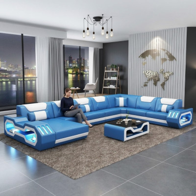 Narożnikowa kanapa Kształt U stolika kawowego Couch Design Grey Podkładka Skóra Modern Żywy krajobraz
