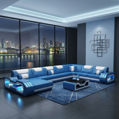 Narożnikowa kanapa Kształt U stolika kawowego Couch Design Grey Podkładka Skóra Modern Żywy krajobraz