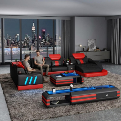 Narożnikowa kanapa Kształt U Kredens stolik kawowy Couch Design Szara Podkładka Skóra Nowoczesny 3-częściowy.