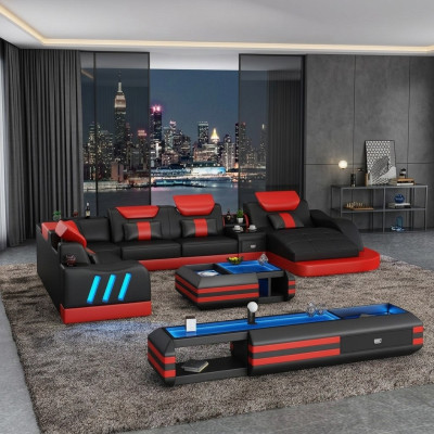 Narożnikowa kanapa Kształt U Kredens stolik kawowy Couch Design Szara Podkładka Skóra Nowoczesny 3-częściowy.
