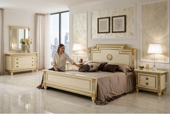 Łóżko 2x Stolik nocny Design Sypialnia Classic 3-częściowy. Luksusowy zestaw łóżek Meble
