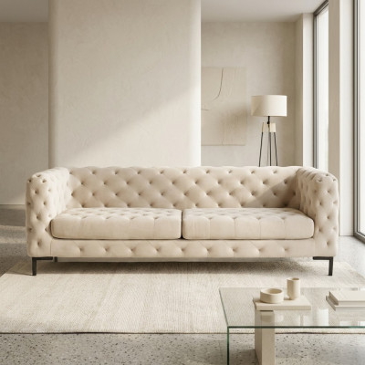 Beżowa designerska trzyosobowa luksusowa kanapa Chesterfield do salonu