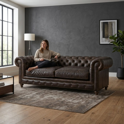 Nowoczesna, trzyosobowa, luksusowa sofa Chesterfield w kolorze czarnym