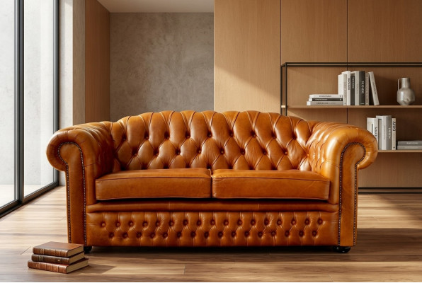 Chesterfield Sofa Couch Podkładka Materiał Skóra Couchen Brown Ustawić 3 miejsce do siedzenia