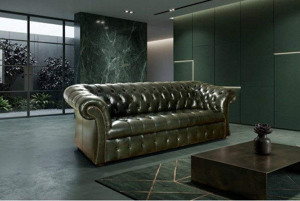 Green Chesterfield 3-miejsce do siedzenia, designerska, luksusowa, trzyosobowa kanapa