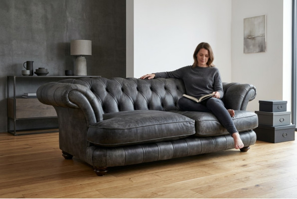 Kanapa Chesterfield Big Xxl % Skóra Czarna 3-miejsce do siedzenia w stylu vintage
