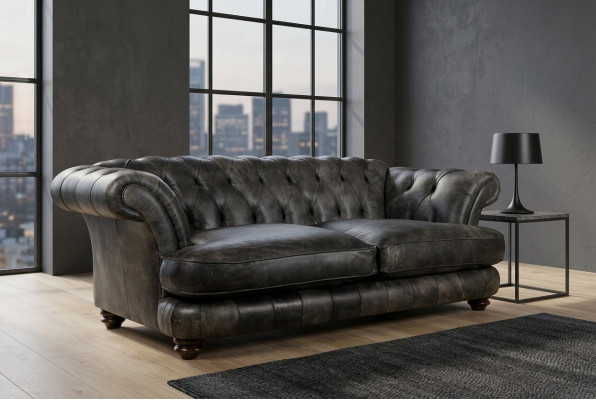 Kanapa Chesterfield Big Xxl % Skóra Czarna 3-miejsce do siedzenia w stylu vintage