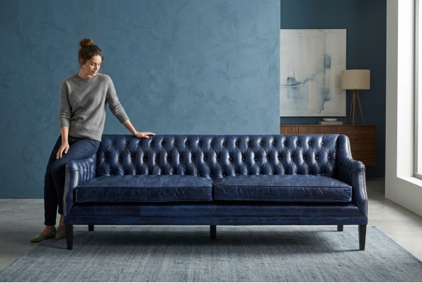 Sofa Blue Chesterfield Podkładka Materiał Skóra Couchen Ustawić 4 miejsce do siedzenia nowe