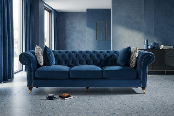 Niebieska sofa Chesterfield Luksusowa kanapa do salonu Sofa materiałowa