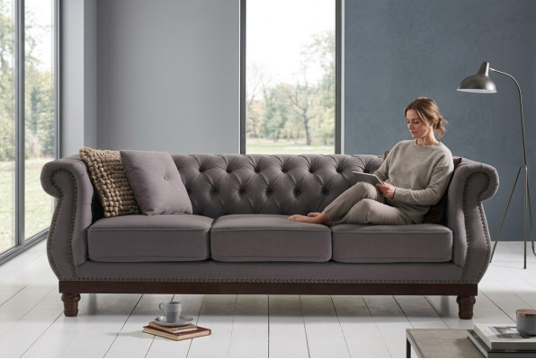 Szara Sofa Chesterfield Podkładka Sofa Tkaninowa Designerska 3-miejsce siedzące
