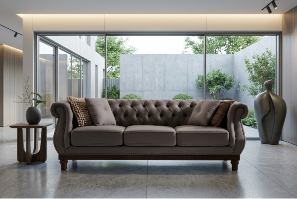 Szara Sofa Chesterfield Podkładka Sofa Tkaninowa Designerska 3-miejsce siedzące