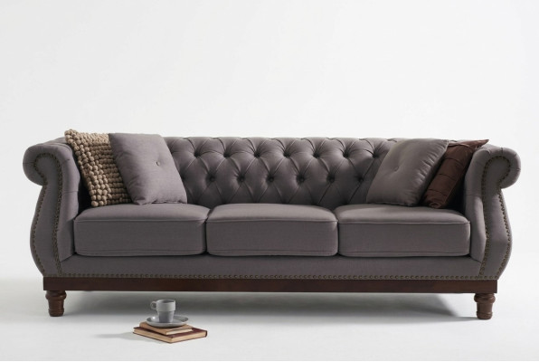 Szara Sofa Chesterfield Podkładka Sofa Tkaninowa Designerska 3-miejsce siedzące