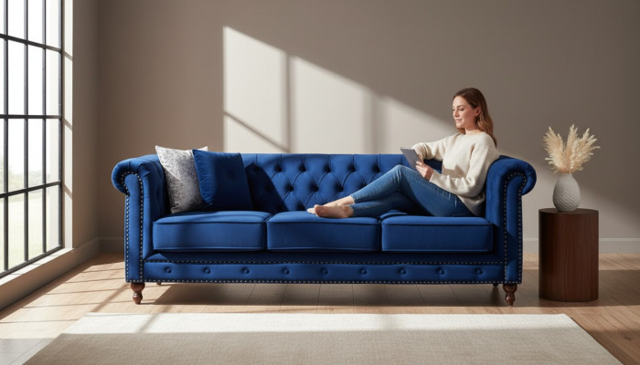jvmoebel ® - Sofa skórzana - Królewski niebieski zestaw trzech kanap Garnitur