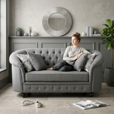 Klasyczna kanapa tekstylna - Szara sofa Chesterfield z tkaniny 2-osobowa Nowa jvmoebel ®