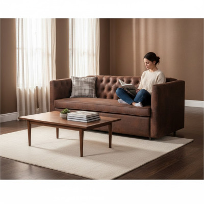 Sofa Chesterfield w stylu amerykańskim Skóra Podkładka Brązowa Trzyosobowa Sofa