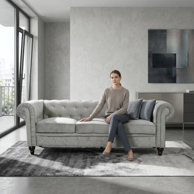 Szara, 3-osobowa, luksusowa, designerska sofa Chesterfield do salonu