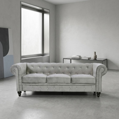 Szara, 3-osobowa, luksusowa, designerska sofa Chesterfield do salonu