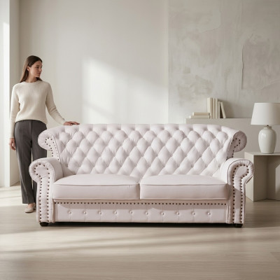 Biały trzymiejscowy Chesterfield High Oparcie Oryginalny Praca fizyczna Skóra Couch