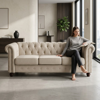 Chesterfield Sofa Kanapa Wygodna Lekkość Tapicerka Skórzana Sofa Zestaw Mebli Tapicerowanych 3-osobowa