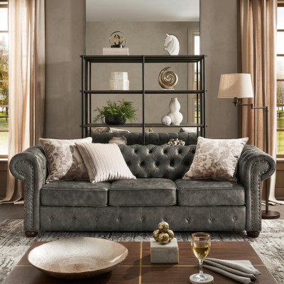 Chesterfield 3 osobowa klasyczna luksusowa sofa barokowo-rococo z tkaniny ze skórą, nowa.