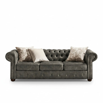 Chesterfield 3 osobowa klasyczna luksusowa sofa barokowo-rococo z tkaniny ze skórą, nowa.