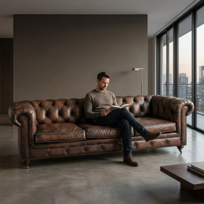 Brown Chesterfield 3-miejsce do siedzenia Skóra Sofa Kanapa Meble w stylu angielskim