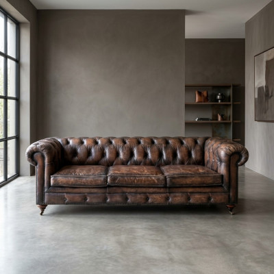 Brown Chesterfield 3-miejsce do siedzenia Skóra Sofa Kanapa Meble w stylu angielskim