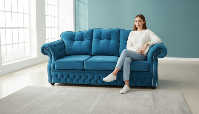 Materiał Blue Chesterfield Podkładka z projektem trzyosobowej kanapy do salonu