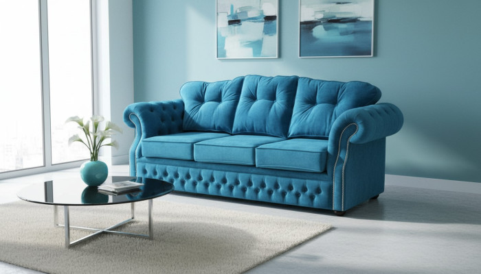 Materiał Blue Chesterfield Podkładka z projektem trzyosobowej kanapy do salonu