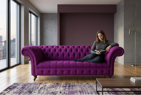 Chesterfield 3-miejscowy klasyczny luksusowy fioletowy różowy różowy sofa kanapa z tkaniny