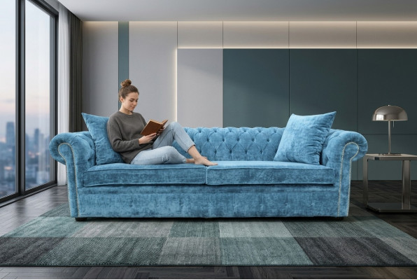 Klasyczna sofa do salonu - Niebieski, 3-miejscowy kanapa z tkaniny Chesterfield jvmoebel ®