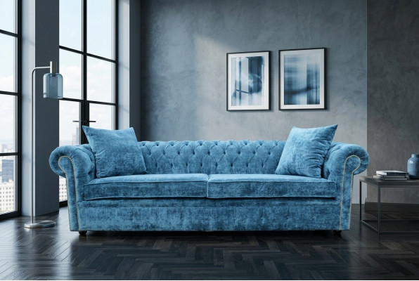 Klasyczna sofa do salonu - Niebieski, 3-miejscowy kanapa z tkaniny Chesterfield jvmoebel ®