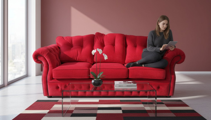 Materiał Red Chesterfield Podkładka z projektem trzyosobowej kanapy do salonu