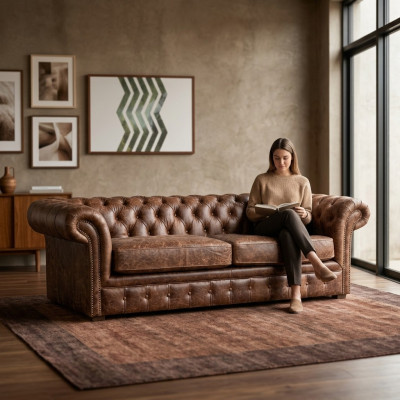 Brown Chesterfield 3 miejsce do siedzenia Klasyczna luksusowa barokowa sofa Włókienniczy Skóra Couch Style