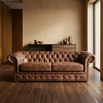 Brown Chesterfield 3 miejsce do siedzenia Klasyczna luksusowa barokowa sofa Włókienniczy Skóra Couch Style