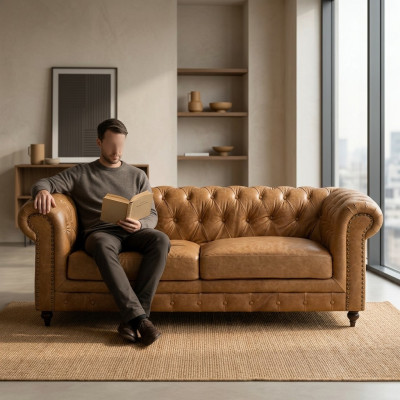 Chesterfield 3-osobowa klasyczna luksusowa sofa barokowo-rokoko z tkaniny i skóry