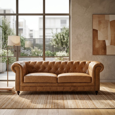 Chesterfield 3-osobowa klasyczna luksusowa sofa barokowo-rokoko z tkaniny i skóry