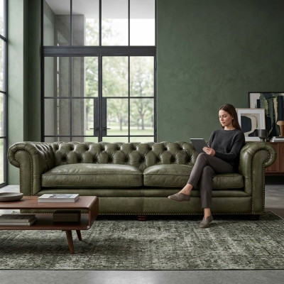 Elegancka kanapa do salonu czteroosobowa Chesterfield Skóra Materiał Kanapy Sofa Nowość
