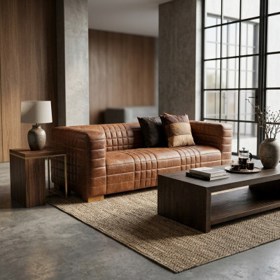 Chesterfield 3-osobowa luksusowa sofa tekstylna z połączeniem skóry - nowoczesny designerski mebel do salonu.