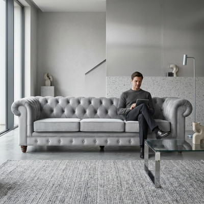 Chesterfield 5 miejsce do siedzenia Klasyczna luksusowa sofa Włókienniczy Skóra Couch Silver Couches