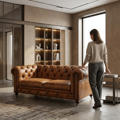 Klub męski Sofa Chesterfield z poduszkami z naturalnej skóry 2-osobowa brązowa NOWA jvmoebel ®