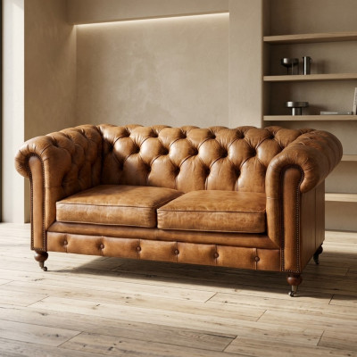Klub męski Sofa Chesterfield z poduszkami z naturalnej skóry 2-osobowa brązowa NOWA jvmoebel ®