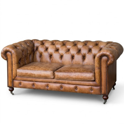 Klub męski Sofa Chesterfield z poduszkami z naturalnej skóry 2-osobowa brązowa NOWA jvmoebel ®
