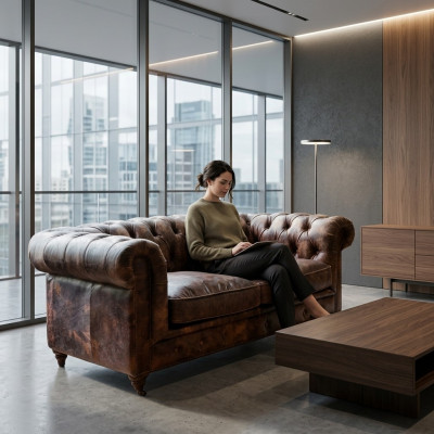 Brązowa Chesterfield Męska Sofa Klubowa Sofa Skóra Podkładka Trzyosobowa