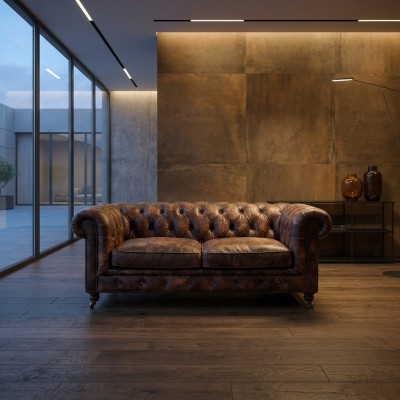 Brązowa Chesterfield Męska Sofa Klubowa Sofa Skóra Podkładka Trzyosobowa