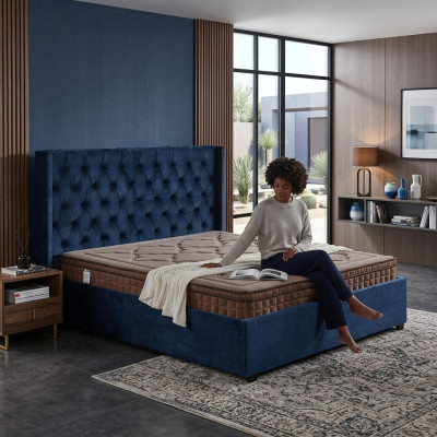 Royal Blue Sypialnia Łóżko Podkładka Łóżka Podwójne Chesterfield Design