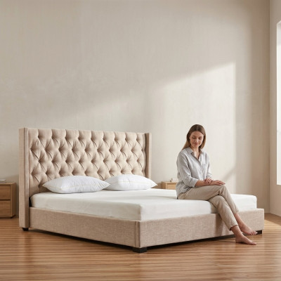 Beżowa Sypialnia łóżka Podkładka Łóżko Chesterfield Włókienniczy Materiał Nowość