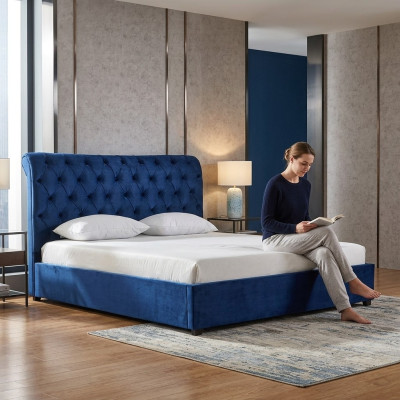 Blue Chesterfield Podwójne łóżko Sypialnia Luxus Meble Podkładka łóżko