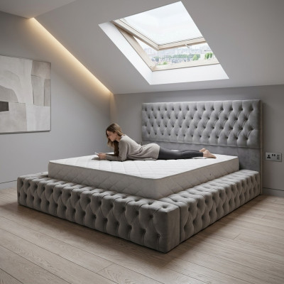 Chesterfield Big Łóżko Big Zagłówek łóżka Podkładka Hotel Aksawith Grey Material Ears